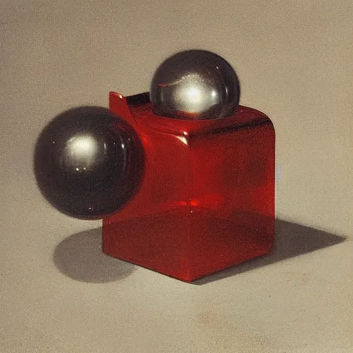 Prompt: chrome spheres on a red cube by willem claesz heda