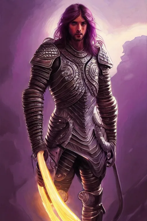 Image similar to male fighter wearing a full plate armor, a giant purple worm is visible in the back, fantasy, amber eyes, face, long hair, intricate, elegant, highly detailed, digital painting, artstation, concept art, smooth, sharp focus, illustration, art by artgerm and greg rutkowski and alphonse mucha