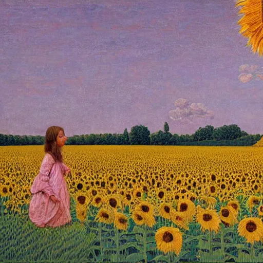 Prompt: a girl in amazing tall sunflower field, her hair flowing down, subtle, intricate details, real masterpiece, oil on canvas, by johfra bosschart, felice casorati