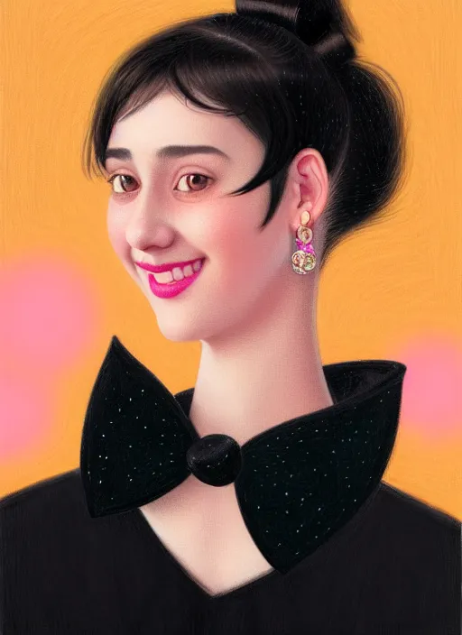 Image similar to portrait of teenage girl, narrow face, black hair, bangs, half updo hairstyle, pointy nose, skinny, smile, unattractive, defined jawline, big chin, pink hair bow, earrings, intricate, elegant, glowing lights, highly detailed, digital painting, artstation, sharp focus, illustration, art by wlop, mars ravelo and greg rutkowski