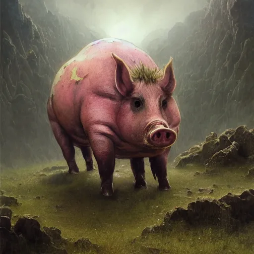 Image similar to A giant sensual pig-monster made of grotesque things in Elden Ring, fullbody, intricate, demonic, video game art, highly detailed, artstation, green field with village ruins, concept art, smooth, sharp focus, illustration, art by greg rutkowski and orientalism and bouguereau and Zdzislaw Beksinski, good clear quality, lighting, biology, symmetrical artwork, perfect face, 135 mm, cinematic, hyper realism, high detail, octane render, 8k, chrome accents