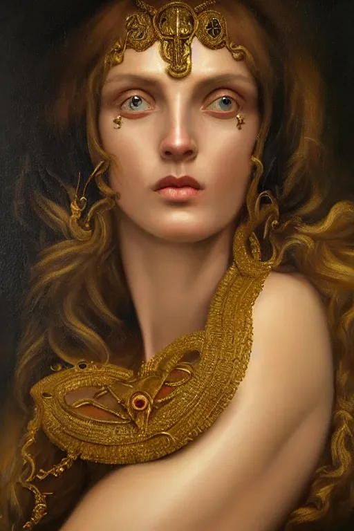 Prompt: hyper realistic painting portrait of carolena nericcio, occult diagram, elaborate details, detailed face, intrincate ornaments, gold decoration, occult art, oil painting, art noveau, in the style of roberto ferri, gustav moreau, david kassan, bussiere, saturno butto, boris vallejo