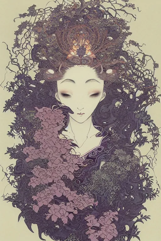 Image similar to beautiful symmetrical goddess of wisteria : : 2, highly detailed, intricate designs, by hokusai, mike mignola, nekro, peter mohrbacher, alphonse mucha, brian froud, yoshitaka amano, kim keever, victo ngai, james jean, jean giraud, elaborate ink illustration, trending on artstation