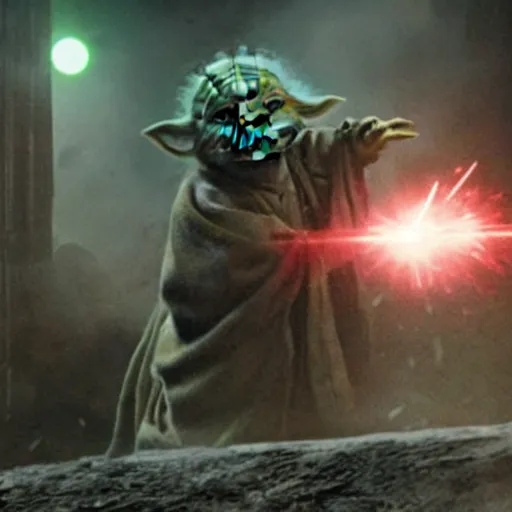 Image similar to movie still of yoda as godzilla destroying tokyo in the new godzilla movie, giant yoda