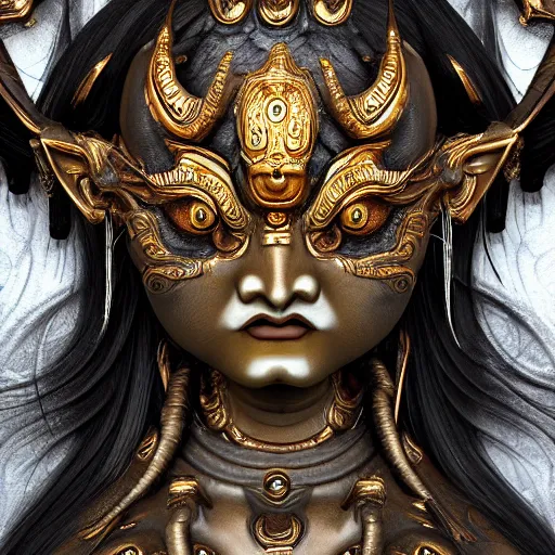 Image similar to naraka buddhist demon korean female, highly detailed, symmetrical long head, golden amber eyes, smooth marble surfaces, detailed ink illustration, raiden metal gear, cinematic smooth stone, deep aesthetic, concept art, post process, 4 k, carved marble texture and silk cloth, latex skin, highly ornate intricate details, in the style of 8 8 grzes