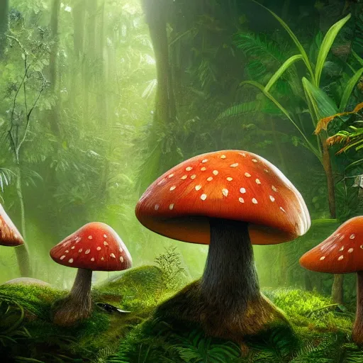 Image similar to Intricate detailed illustration, A small sentient and happy mushroom frolicking in a lush tropical jungle, 🍄 , cinematic lighting, by Philip Hood, wide angle, volumetric light scattering, 8k, artstation, concept art,