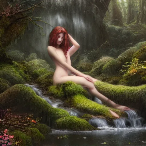 Image similar to tom bagshaw, soft painting render curiosities pond vegetation rocks covered moss scintillating, beautiful waterfall fox, accurate features, focus, very intricate ultrafine details, random volumetric lighting, dense fog, award winning masterpiece, octane render 8 k hd, artstation