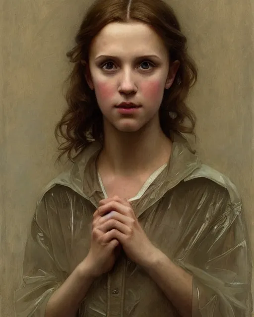 Prompt: a realistic portrait painting of a thoughtful girl resembling a young, shy, redheaded alicia vikander or millie bobby brown wearing a clear raincoat, highly detailed, intricate, concept art, artstation, by donato giancola, alphonse mucha, and william bouguereau