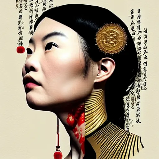 Image similar to portrait and side profile of a chinese woman :: side profile :: in ocean :: clockwork details :: gold :: blood and horror :: by vikings and Sandra Chevrier