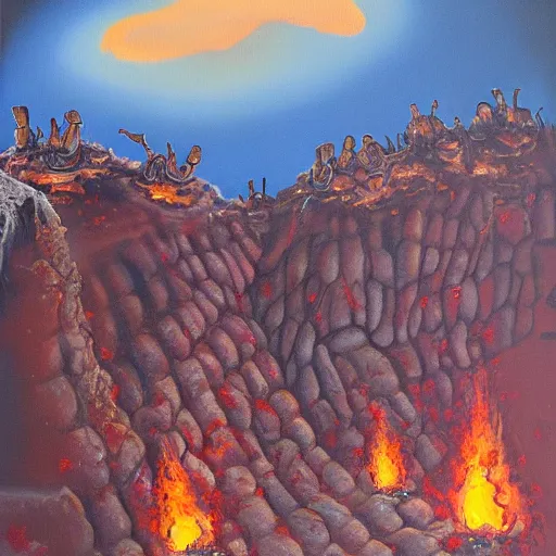 Prompt: mcdonald's on a cliffside in hell, wayne barlow painting
