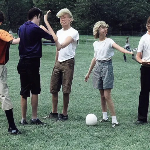 Prompt: a photo of donald trump at age 1 8 playing with his friends in the park