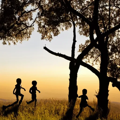 Prompt: two silhouetted children running across a hilltop with with one oak tree at far right of picture. A sun-filled dusk sky backdrop. photo by annie Liebowitz