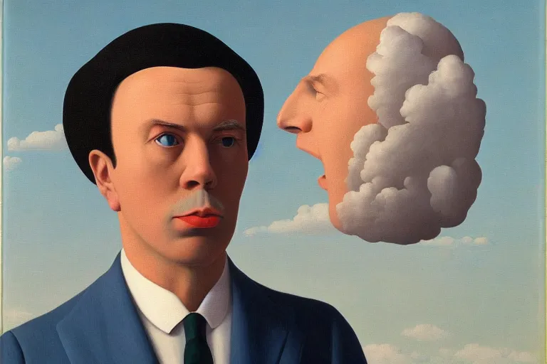 Prompt: portrait of man in a suit that has clouds instead of head by rene magritte, detailed painting, hd, hq, high resolution, high detail, 4 k, 8 k