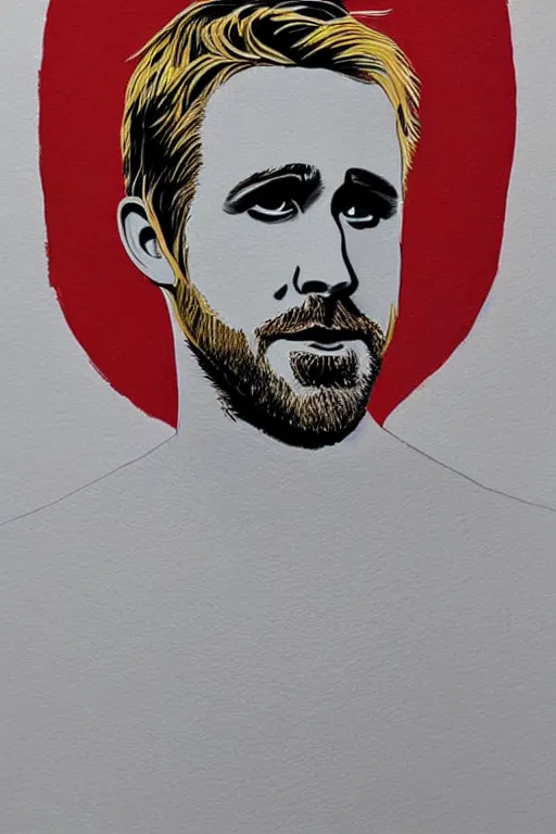 Image similar to painted portrait of ryan gosling as rugged zeus god of thunder greek god white hair masculine handsome upper body red and gold broad shoulders