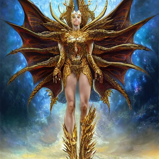 Image similar to a beautiful symmetrical muscular full body wearing a dragon armor with wings made of golden ornaments and gems, by alex gray and android jones , Karol Bak, Ayami Kojima, Amano , concept art, character design, fantasy,3D, 8k resolution