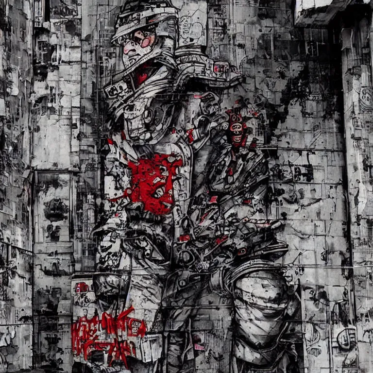 Image similar to Street-art cyberpunk Akira in style of Banksy, photorealism