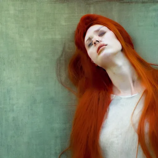 Image similar to young woman, long red hair, transparent white dress, lying on a red sofa, blue green colorscheme, desaturated colors, cinematic, painted in the style of jeremy lipking