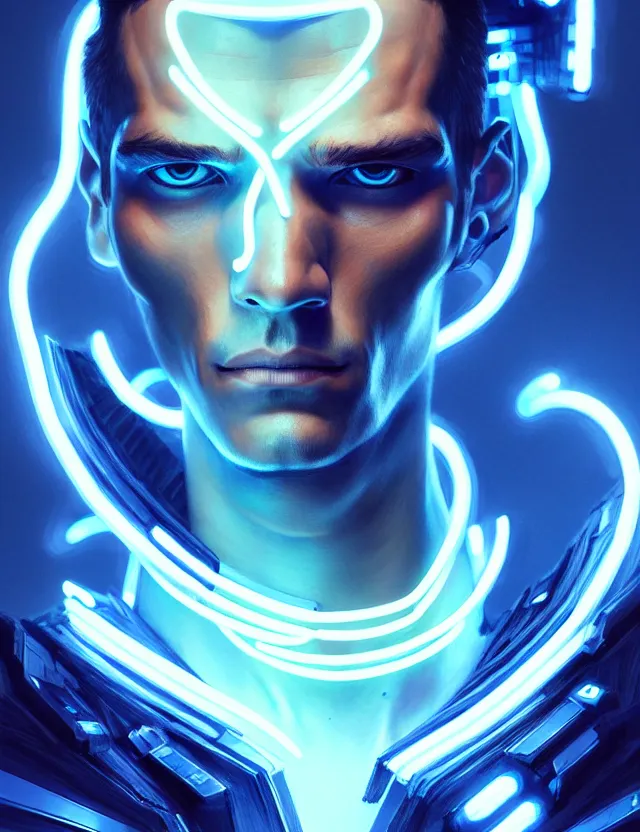 Image similar to portrait of male humanoid, intricate, masculine, cyber neon lighting, highly detailed, digital photography, artstation, stylish pose, concept art, smooth, sharp focus, illustration, art by artgerm and greg rutkowski