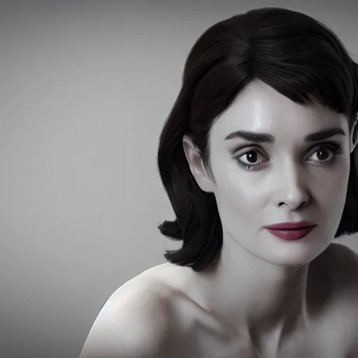 Prompt: winona ryder as Audrey Hepburn, hyperrealistic, octane render, 8k, high quality