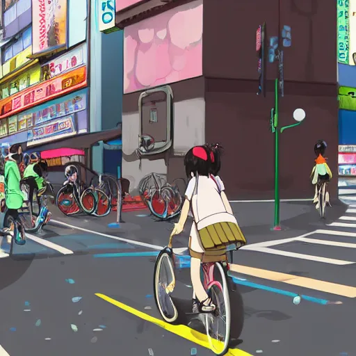 Image similar to anime girl riding bicycle in highly detailed akihabara, studio ghibli style, by hayao miyazaki, sharp focus, highly detailed, 4k