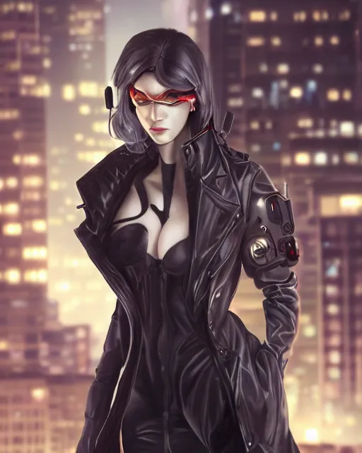 Prompt: photorealistic beautiful half cyborg woman by Artgerm and NeoArtCorE with a mischievous look, the half cyborg woman is wearing a long trench coat, in a night rooftop scene by Liam Wong