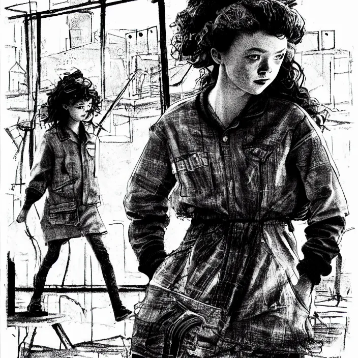 Image similar to sadie sink in dirty work clothes : leaves industrial district. waves goodbye to workmen background : factory, dirty, polluted. technique : black and white pencil and ink. by gabriel hardman, joe alves, chris bonura. cinematic atmosphere, detailed and intricate, perfect anatomy