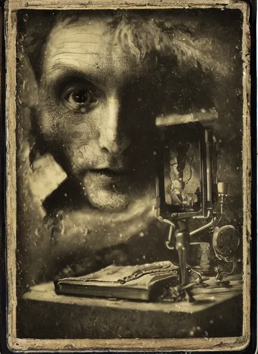 Prompt: old wetplate daguerreotype portrait of the birth of a genius singer, explosion of data fragments, fractal, intricate, elegant, highly detailed, parallax, leica, medium format, subsurface scattering, by jheronimus bosch and greg rutkowski and louis jacques mande daguerre