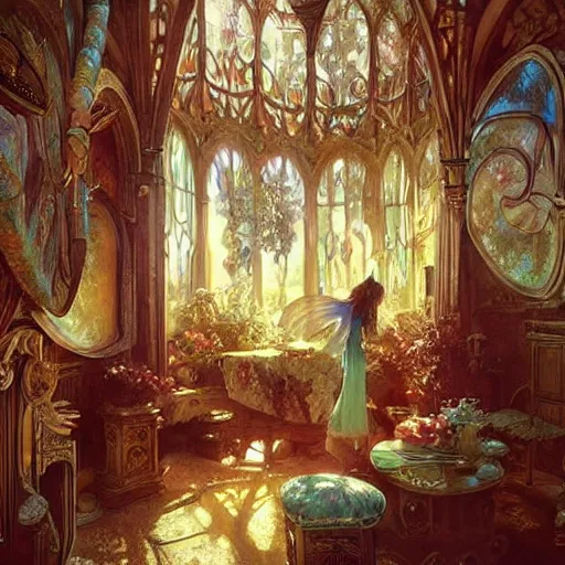 Image similar to a beautiful interior of a fairy castle, fully decorated, furnished with fairy furniture, fairy aesthetics, concept art, by greg rutkowski, alphonso mucha and elena dudina. high details, illustration, beautiful illumination