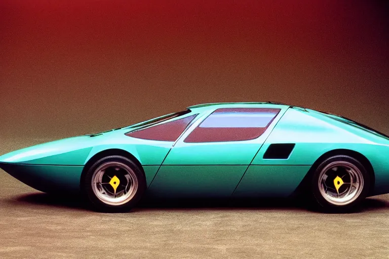 Image similar to designed by Giorgetto Giugiaro stylized poser of a single 1973 Alfa Romeo Montreal Citroen DM BMW M1, thick neon lights, ektachrome photograph, volumetric lighting, f8 aperture, cinematic Eastman 5384 film