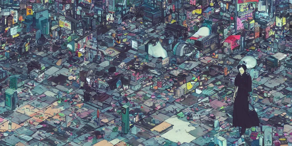 Image similar to incredible wide screenshot, ultrawide, paper texture, katsuhiro otomo ghost in the shell movie scene, backlit distant shot girl in a park, dark wet road, black parasol in deserted trash pile night shinjuku junk town, broken vending machines, smashed wall, bold graffiti, black road, reflection puddles, dark vignette