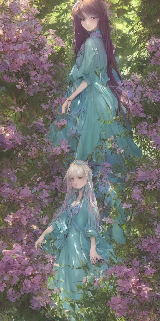 Prompt: a digital art of a loli with long hair in a dress in the privet garden at after noon, green and warm theme, mediumslateblue flowers, low angle, back lighting, by krenz cushart and mucha and akihito yoshida and greg rutkowski, highly detailed, 4 k resolution, trending on art station