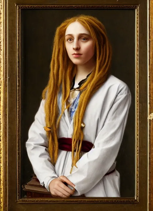 Prompt: Pre-Raphaelite Beautiful young female doctor with blond dreadlocks in a medical doctors gown