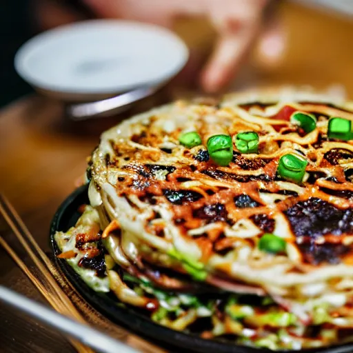 Prompt: mouthwatering okonomiyaki, food photography