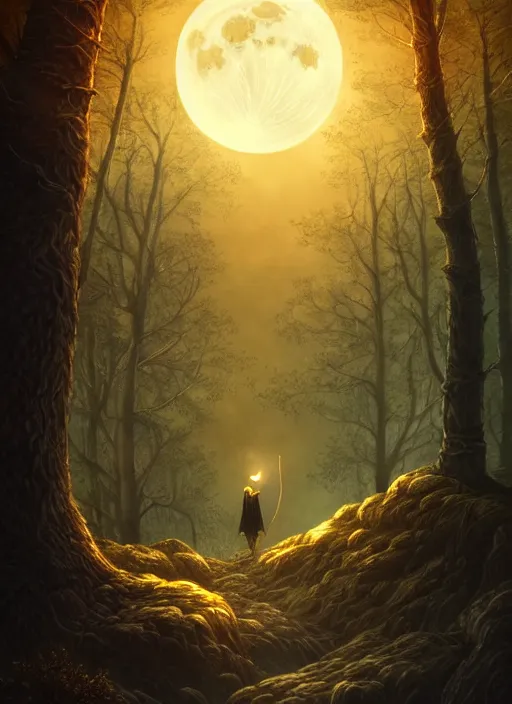 Image similar to fantasy book cover, full moon, fantasy forest landscape, golden elements, fantasy magic, dark light night, intricate, elegant, sharp focus, illustration, highly detailed, digital painting, concept art, matte, art by WLOP and Artgerm, Unsplash, masterpiece