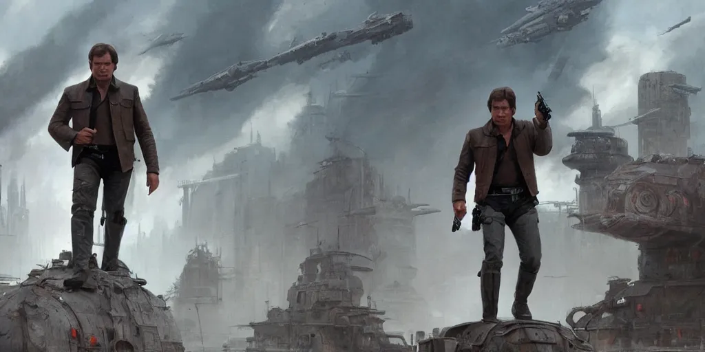 Image similar to a highly detailed epic cinematic concept art CG render digital painting artwork: wide shot of Soviet dieselpunk Han Solo played by Harrison Ford directed by David Fincher. By Greg Rutkowski, Ilya Kuvshinov, WLOP, Stanley Artgerm Lau, Ruan Jia and Fenghua Zhong, trending on ArtStation, subtle muted cinematic colors, made in Maya, Blender and Photoshop, octane render, excellent composition, cinematic atmosphere, dynamic dramatic cinematic lighting, precise correct anatomy, aesthetic, very inspirational, arthouse