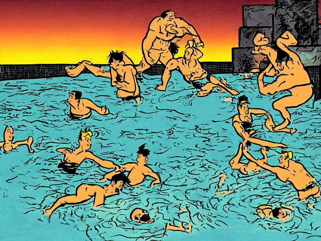 Image similar to a fine illustration of an ultra violent machete fight involving two gargantuan men in a floodlit swimming pool at dawn in the style of herge