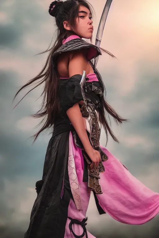 Image similar to highly detailed beautiful photo of madison beer as a young female samurai, practising sword stances, symmetrical face, beautiful eyes, pink hair, realistic anime art style, 8 k, award winning photo, pastels colours, action photography, 1 / 1 2 5 shutter speed, sunrise lighting