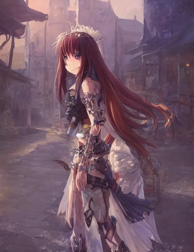 Image similar to anime scenery, wide angle portrait of a teenage girl in town center, confident knight's outfit, anime in fantasy style, trending artwork, painted in anime painter studio, by anato finstark, tony sart, marc simonetti and an anime artist, collaboration