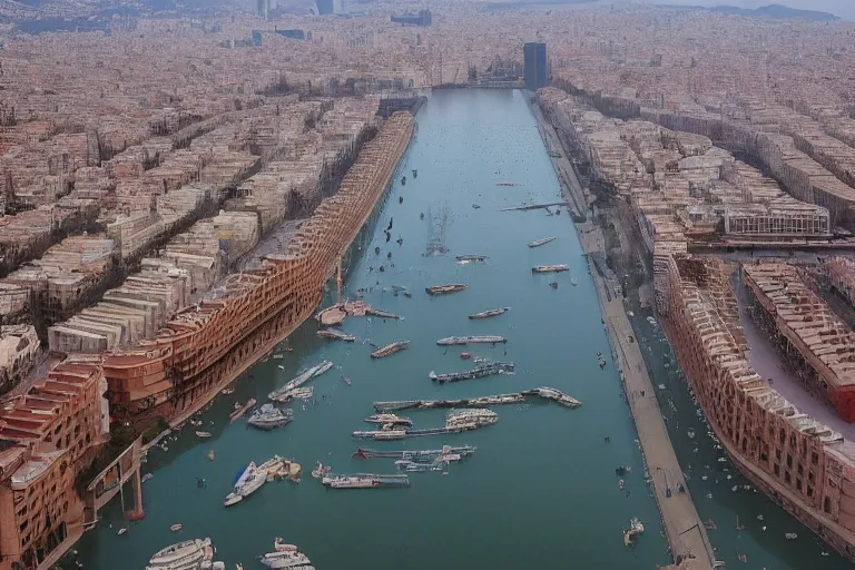 Image similar to views of catastrophic barcelona's agbar tower covered with high water, global warming, floating cars, sunset lighting, photo real