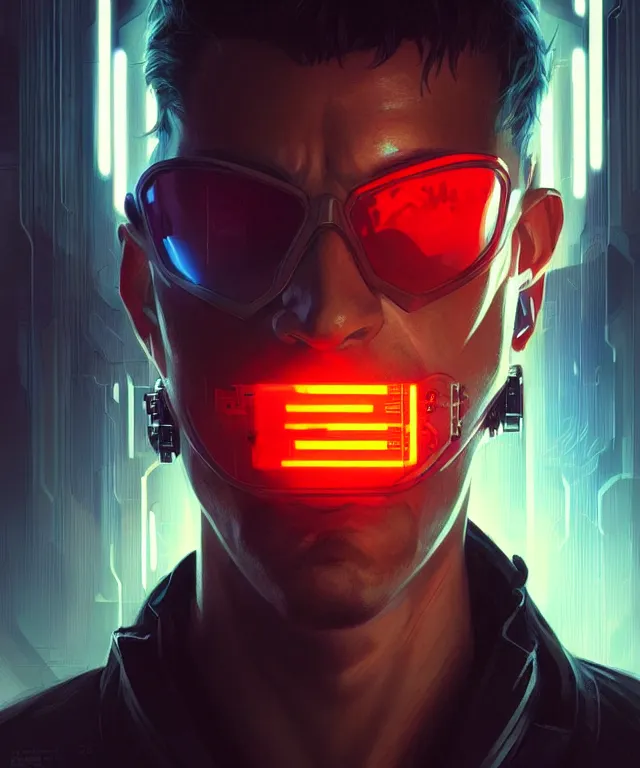 Image similar to Hacker cyberpunk man portrait, highly detailed, digital painting, artstation, concept art, smooth, sharp focus, illustration, art by artgerm and greg rutkowski and alphonse mucha