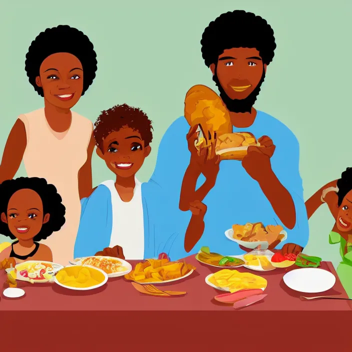 Prompt: African American family in 1979 with two daughters and a son eating chicken, mash potatoes, and rolls for dinner. Cartoon version