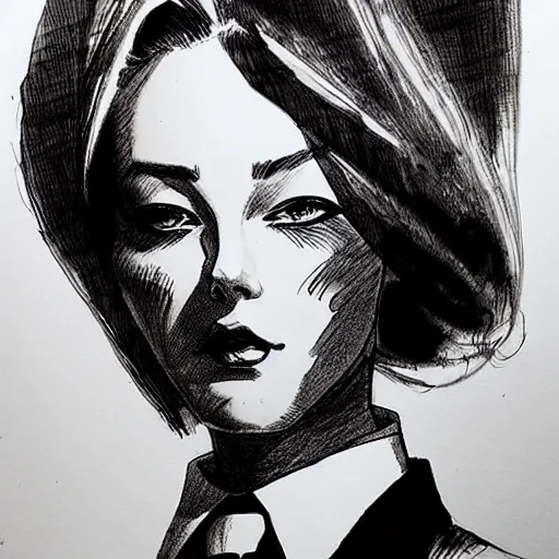 Prompt: ink drawing portrait of a woman in suit by jung gi kim