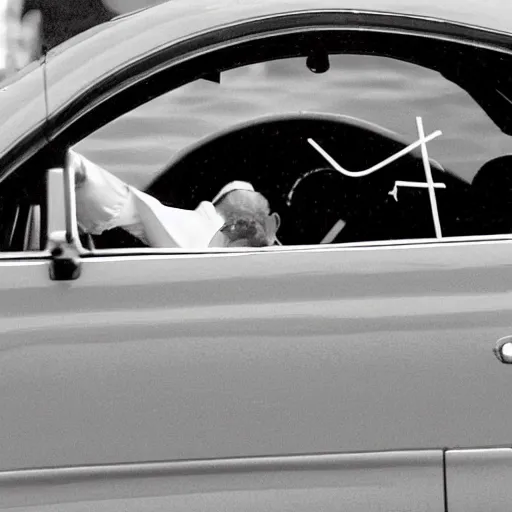 Prompt: a stunning award-winning photo of the Pope doing a sick drift in the pope mobile on St. Peter's square, dark tire marks, gray smoke coming out of the tires, very high quality, extremely detailed