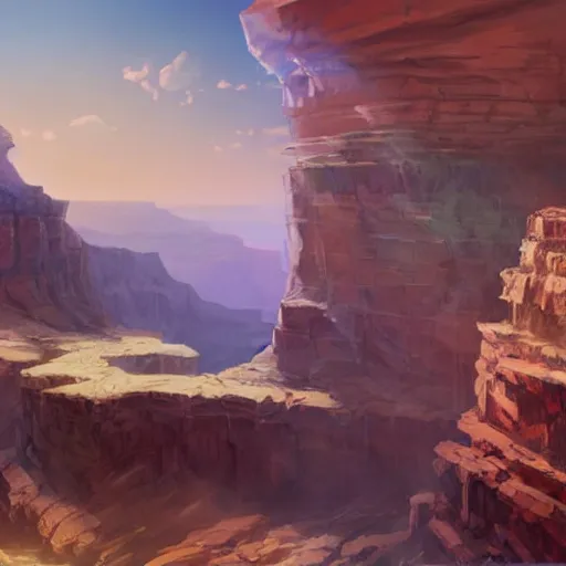 Image similar to concept art painting of a grand canyon with ocean inside, filled with water, with unfinished stone bridge under construction, realistic, detailed, cel shaded, in the style of makoto shinkai and greg rutkowski and james gurney