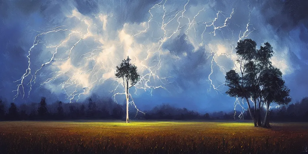 Image similar to lightning strikes a tree in the middle of a field, painting By Alena Aenami,