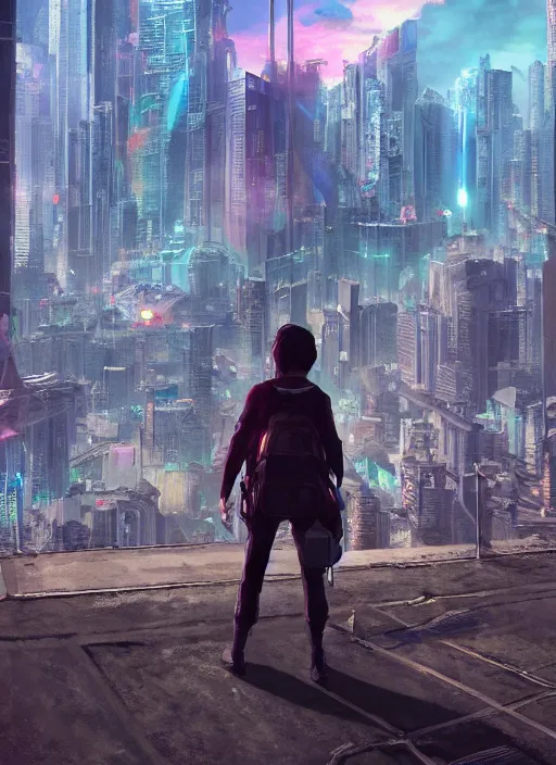 Image similar to alone person facing the desperate call of the void, futuristic cityscape, unreal 5 render, vivid colors, high detail, clear weather, studio ghibli, history painting, digital art, octane render, beautiful composition, trending on artstation, award - winning photograph, masterpiece