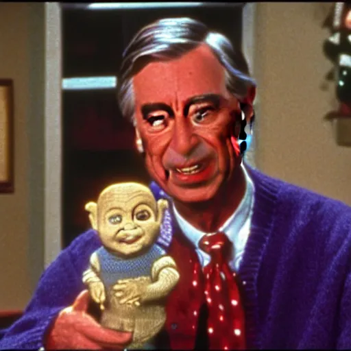 Prompt: Mr. Rogers holding a Chucky doll from the movie Child's Play from 1988 highly detailed 8k hdr