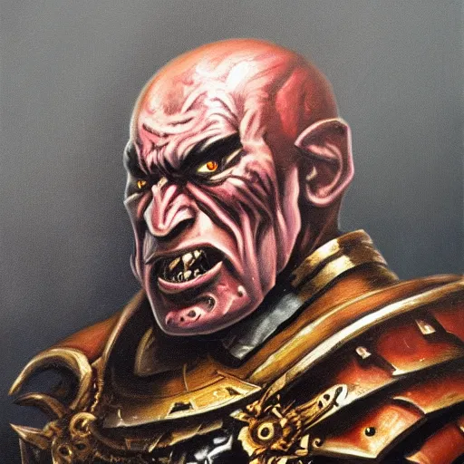 Image similar to chaos dwarf smith in the style of warhammer fantasy : : head and torso oil painting