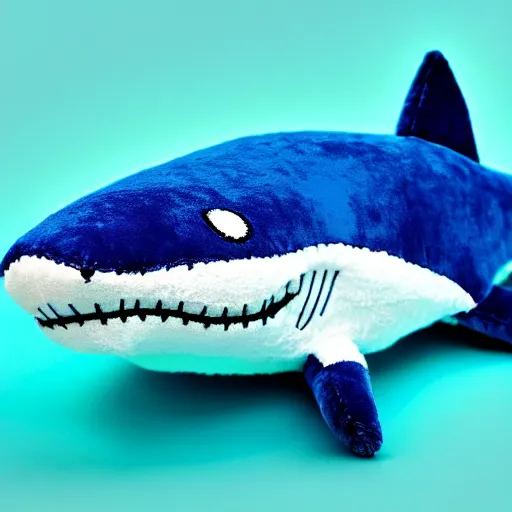 Prompt: beautiful photograph of a cute minimal bright - blue shark plush, advert, magazine, studio