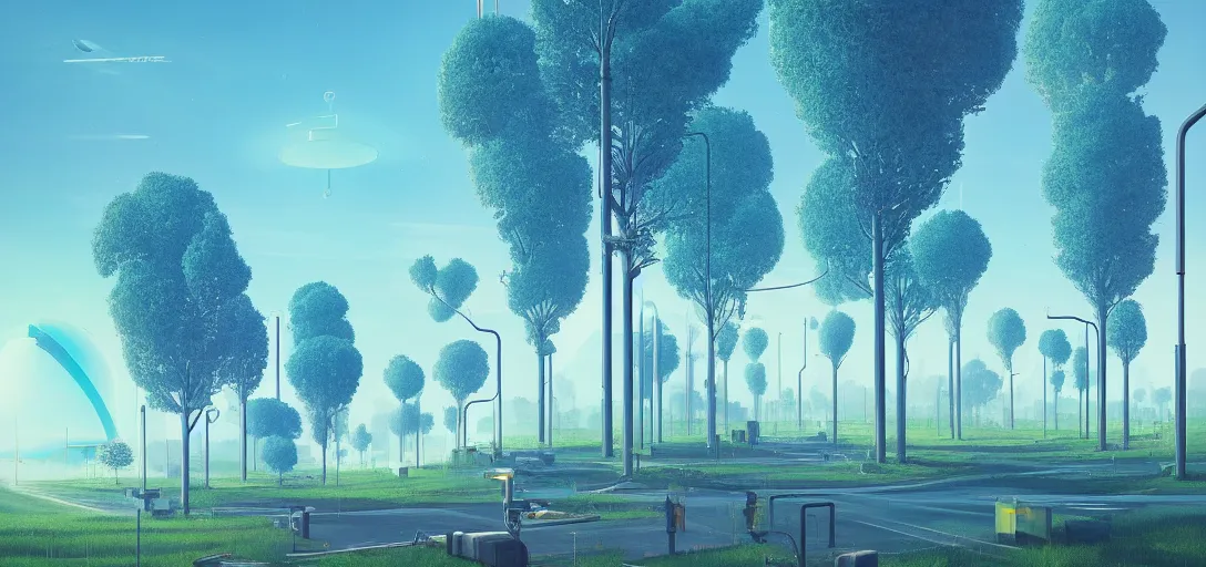 Image similar to futuristic solarpunk park, bright blue skies, towering digital trees sci - fi, digital art by beeple and simon stalenhag